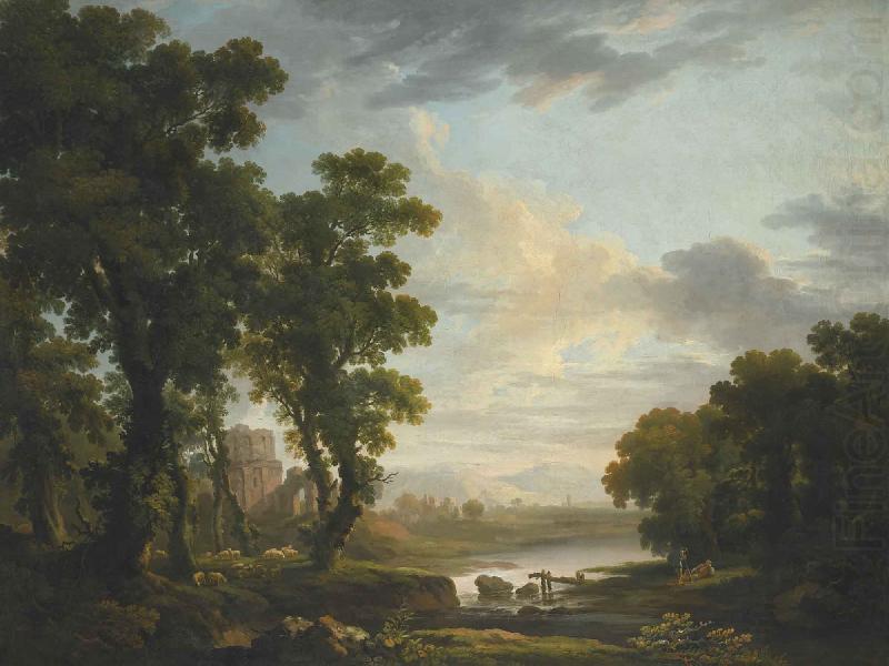 An extensive wooded river landscape with shepherds recicling in the foreground and ruins beyond, George Barret